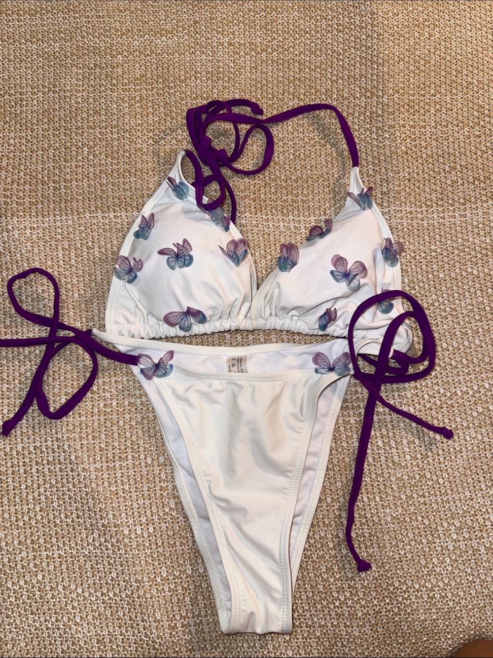 White Butterfly Print Triangle Bikini with Purple Ties